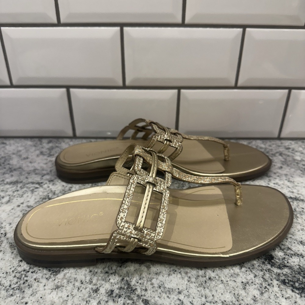 Vionic Alvana Gold Leather Thong Flat‎ Sandals Women's 8.5 Comfort Arch Support - Picture 2 of 7